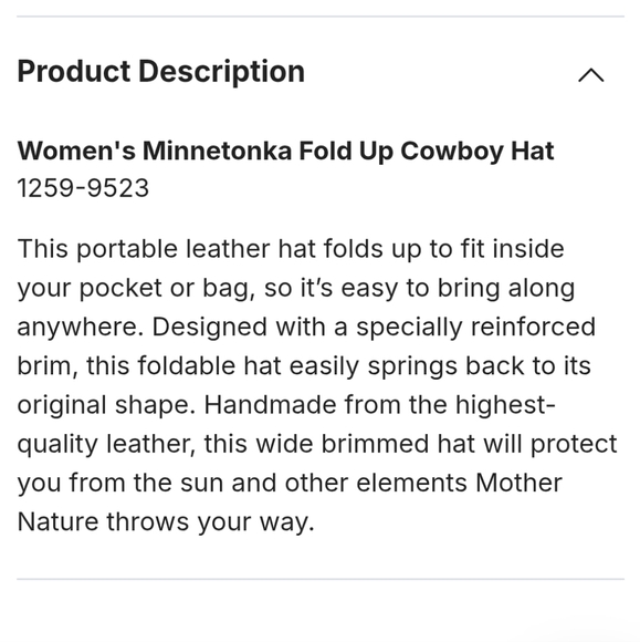 Minnetonka Women's Fold Up Leather Cowboy Hat- NWOT! - Picture 7 of 7